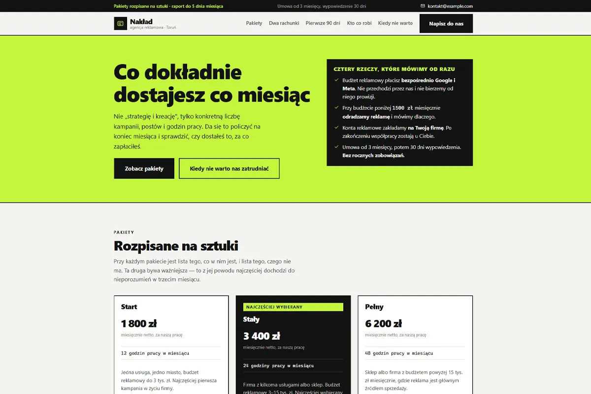 Strona agencji reklamowej z podziałem obowiązków