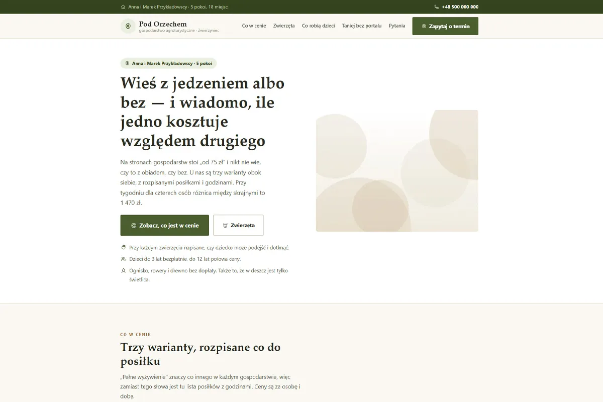 Strona agroturystyki z trzema wariantami wyżywienia