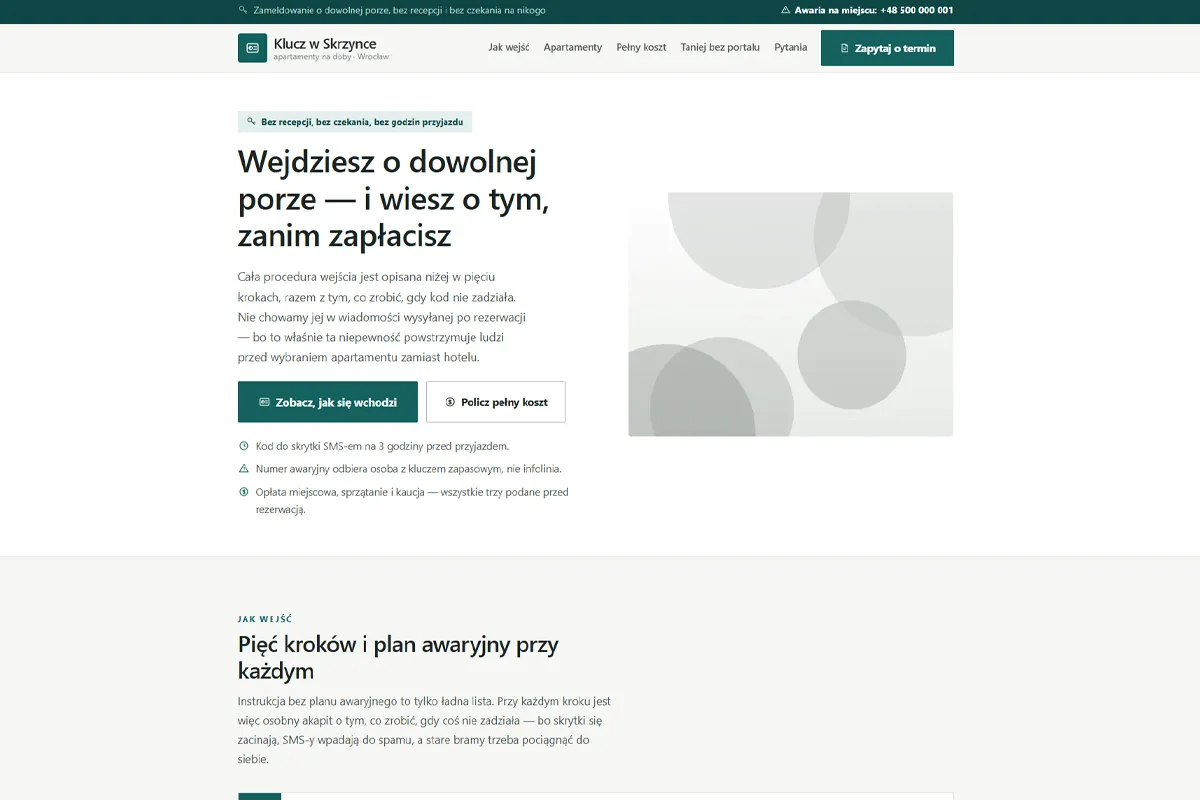 Strona apartamentów na doby z instrukcją samodzielnego wejścia