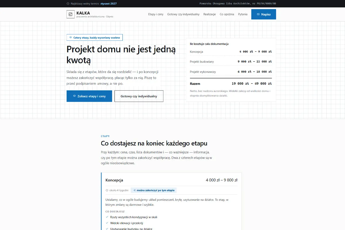 Strona pracowni architektonicznej z etapami i momentem wyjścia