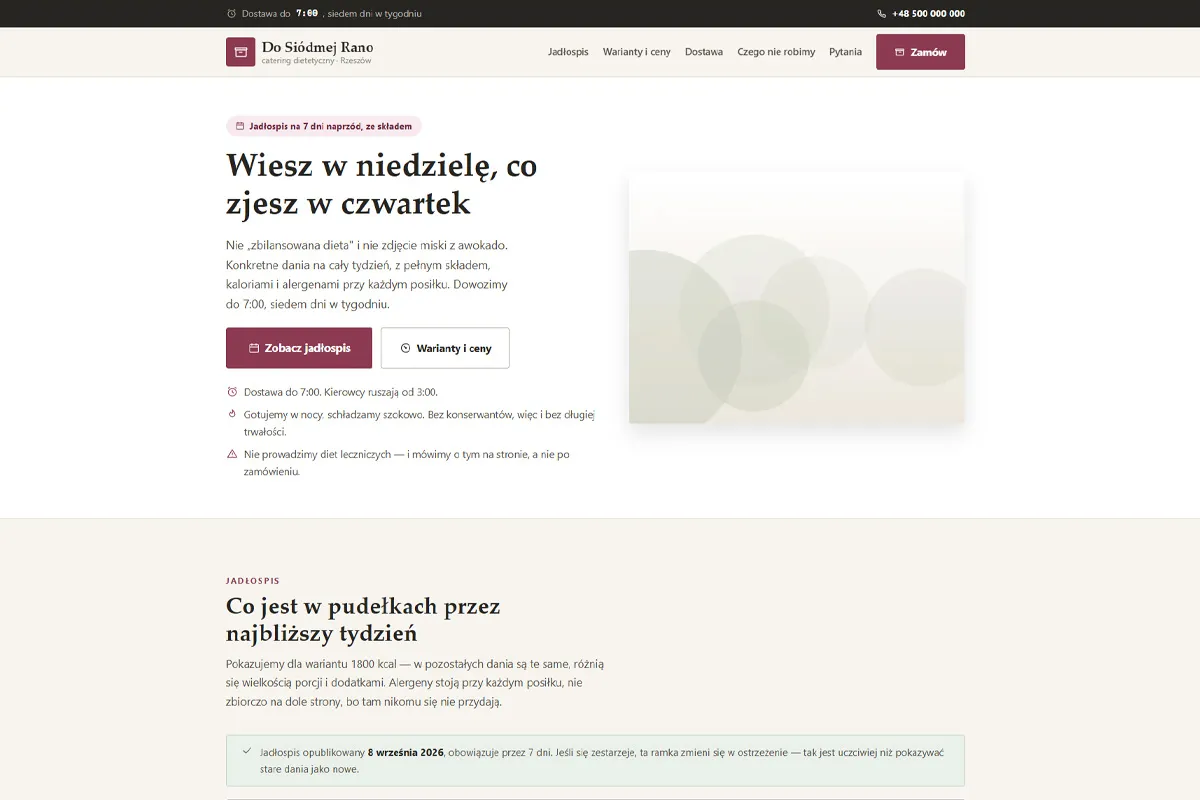 Strona cateringu dietetycznego z jadłospisem na tydzień naprzód