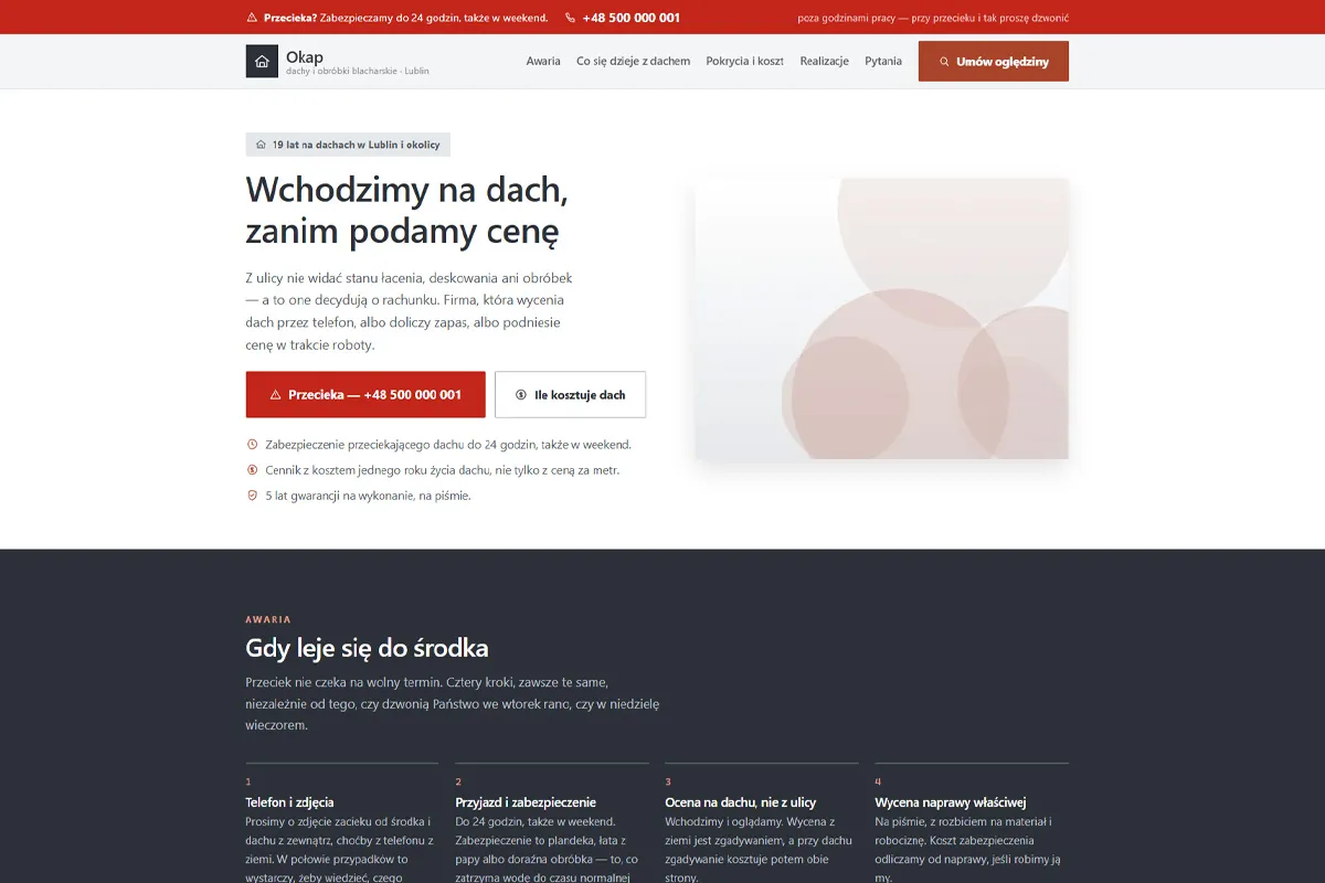 Strona dekarza z kosztem roku życia dachu