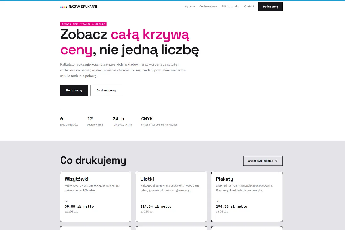 Strona drukarni z kalkulatorem wyceny