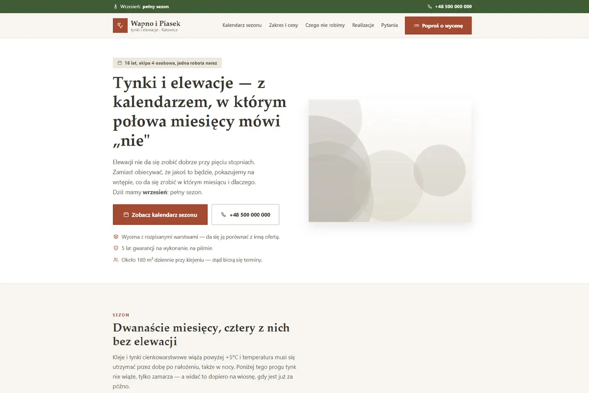 Strona firmy tynkarskiej z kalendarzem sezonu