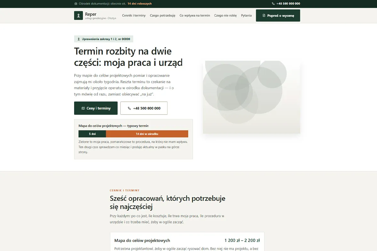 Strona geodety z podziałem czasu na pracę i urząd