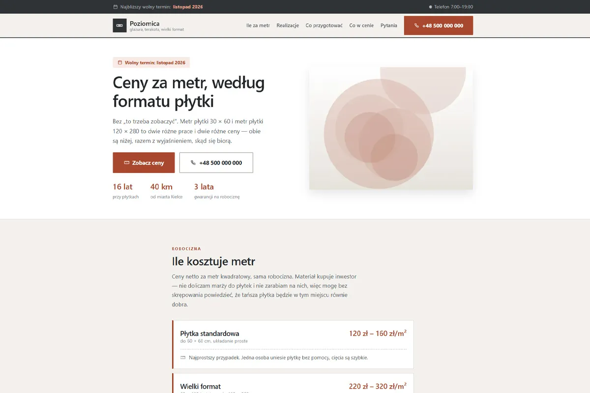 Strona glazurnika z cennikiem według formatu płytki