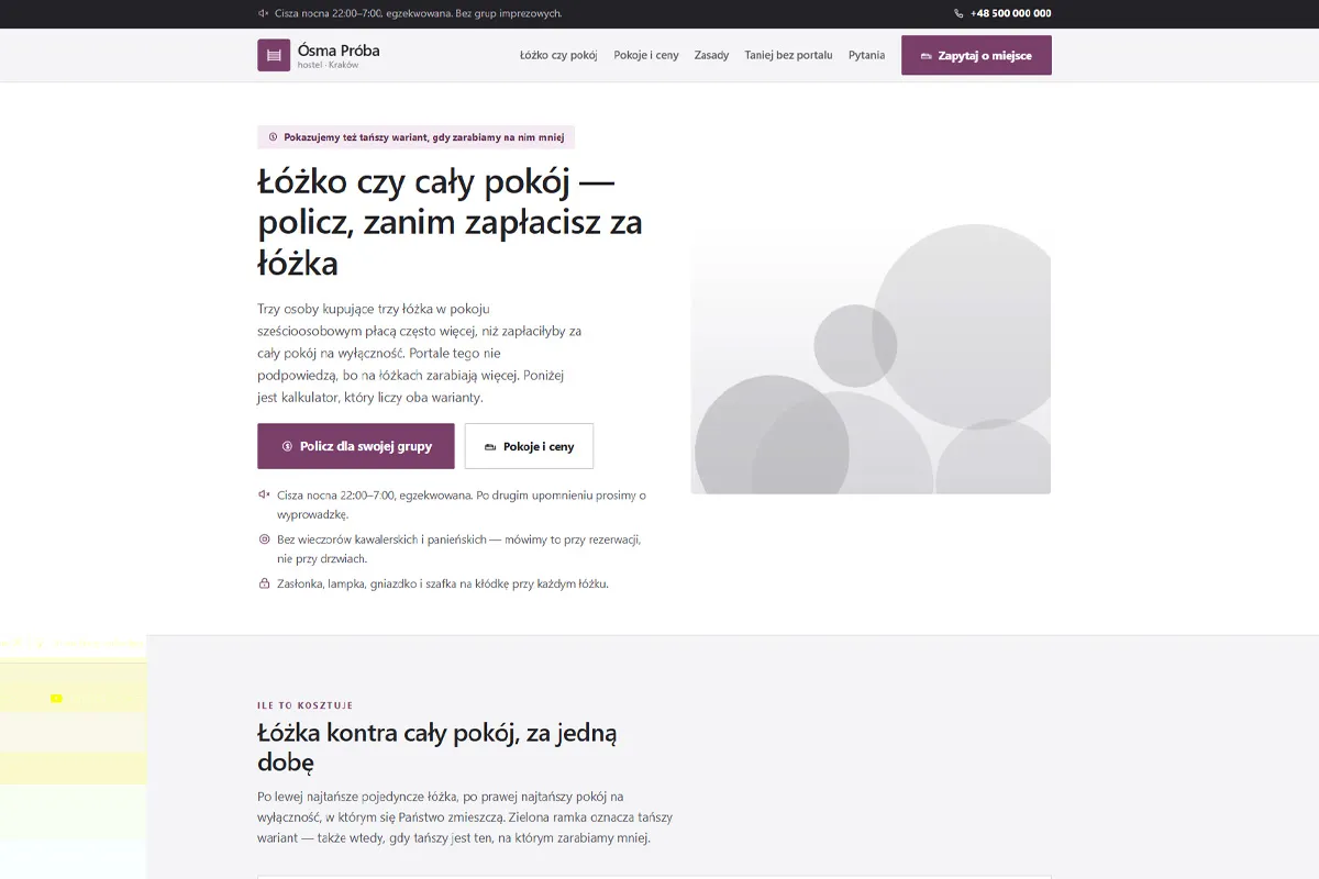 Strona hostelu z porównaniem łóżka i całego pokoju
