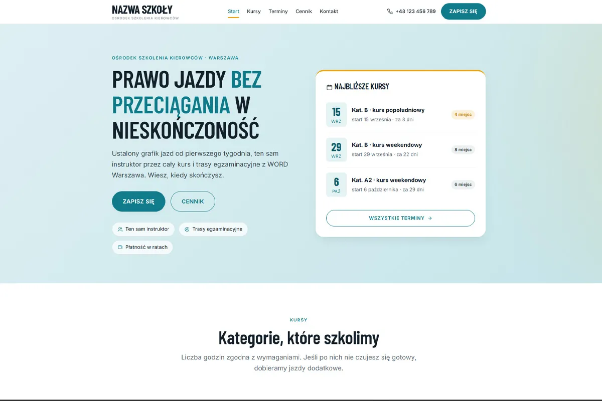 Strona ośrodka szkolenia kierowców KIERUNEK
