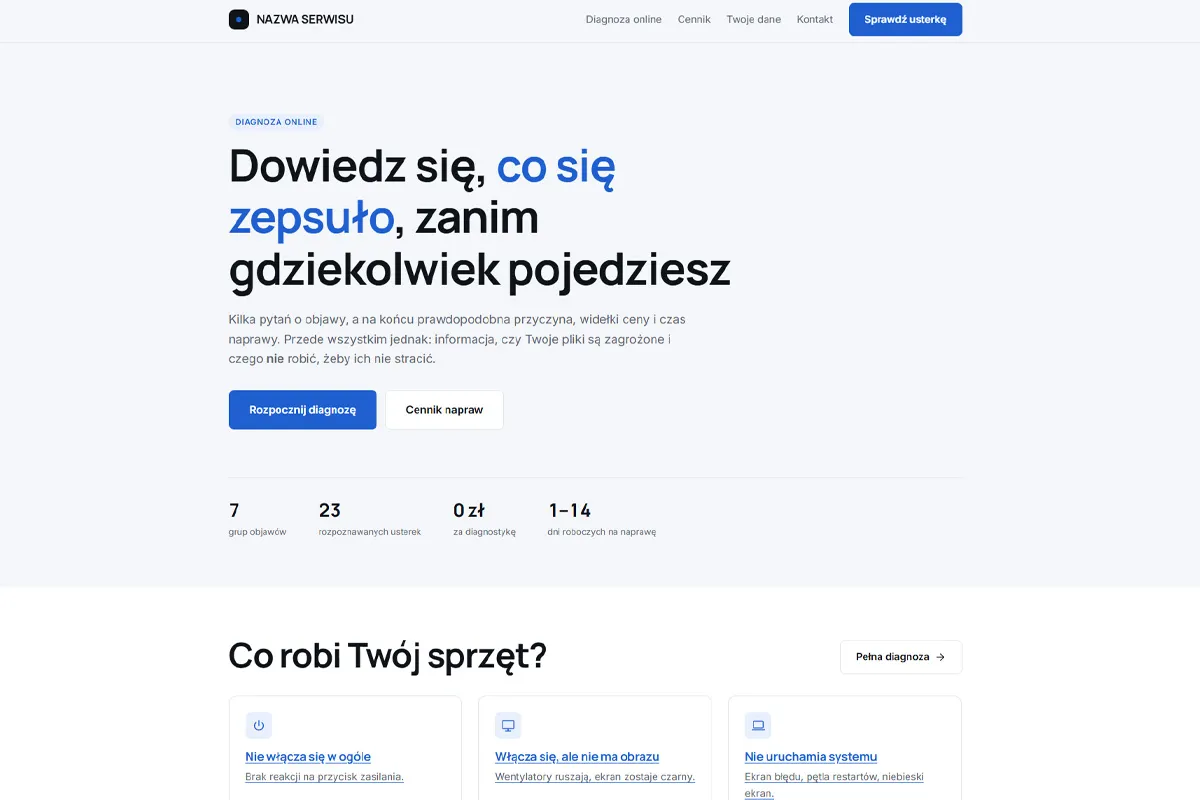 Strona serwisu komputerowego z diagnozą online