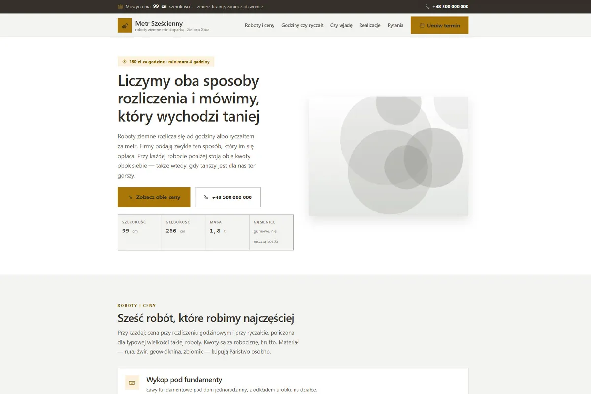 Strona usług minikoparką z dwoma sposobami rozliczenia