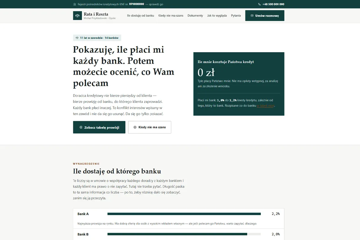 Strona doradcy kredytowego z jawną tabelą prowizji
