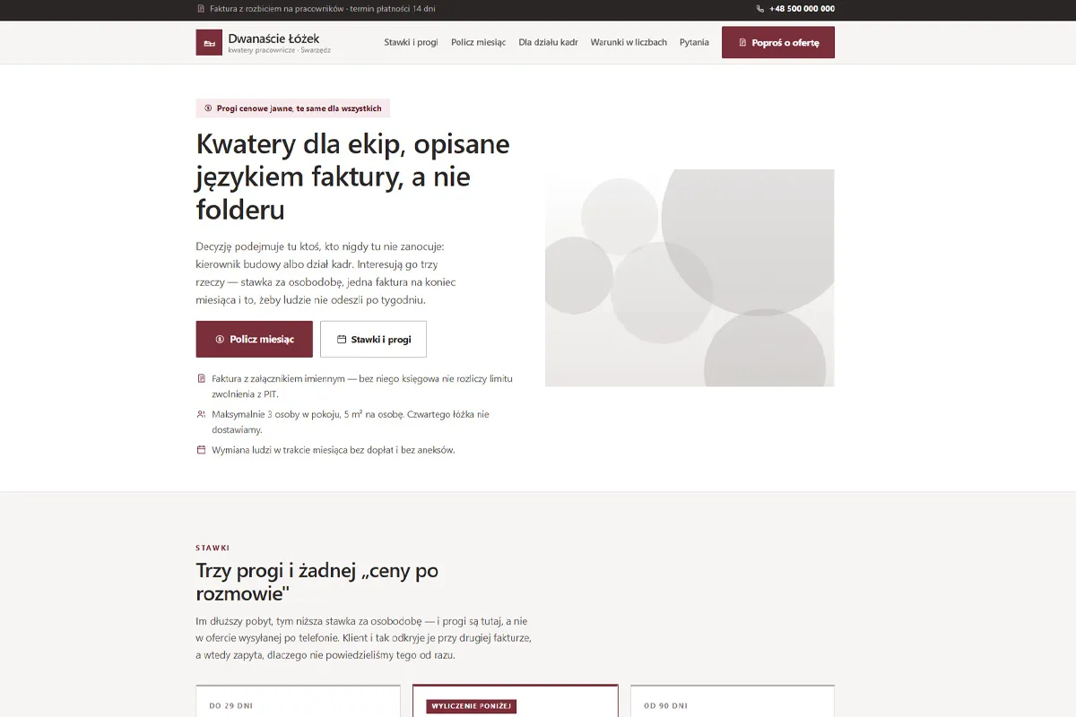 Strona kwater pracowniczych z progami i limitem PIT