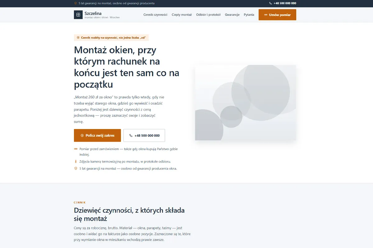 Strona firmy montującej okna z kosztorysem czynności