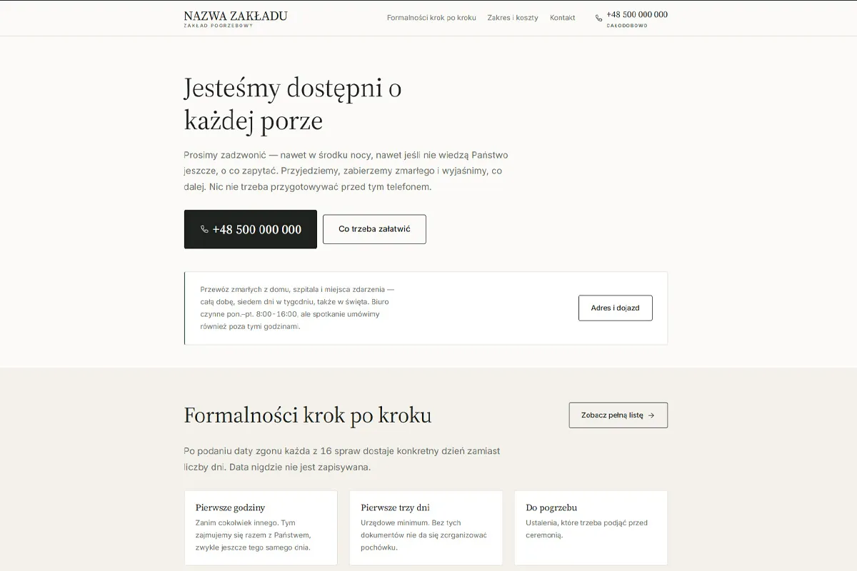 Strona zakładu pogrzebowego z osią formalności