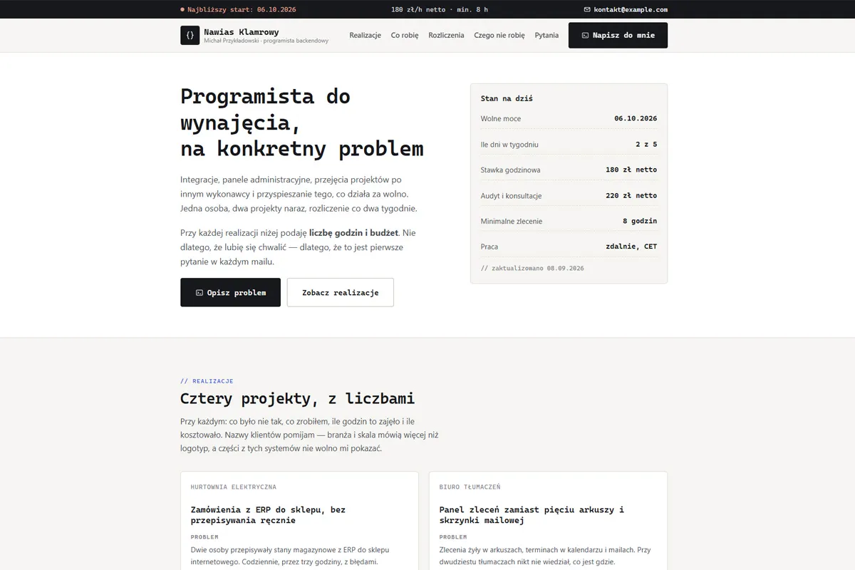 Strona programisty z realizacjami i terminem dostępności