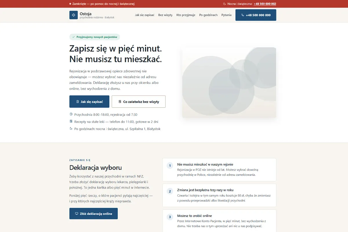 Strona przychodni z rejestracją telefoniczną zamiast formularza