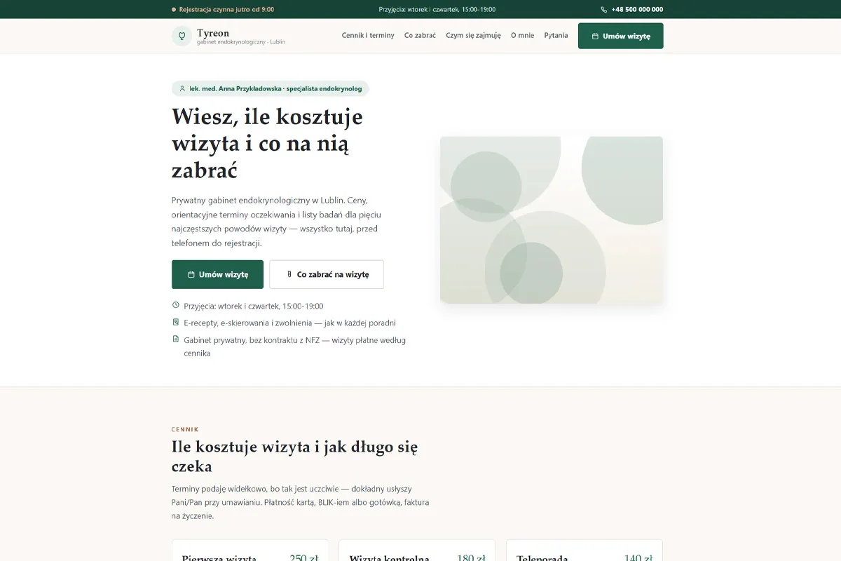 Strona gabinetu specjalisty z listą dokumentów na wizytę
