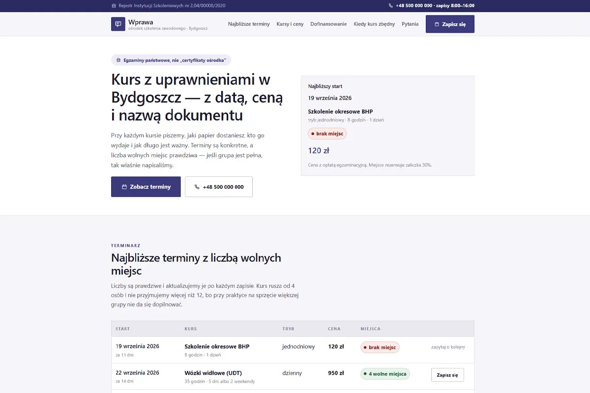 Strona ośrodka szkoleniowego z terminarzem i liczbą miejsc