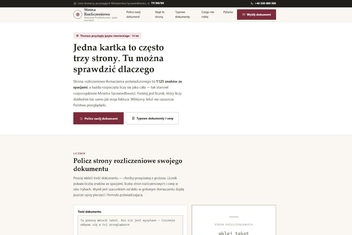 Strona tłumacza przysięgłego z licznikiem stron rozliczeniowych