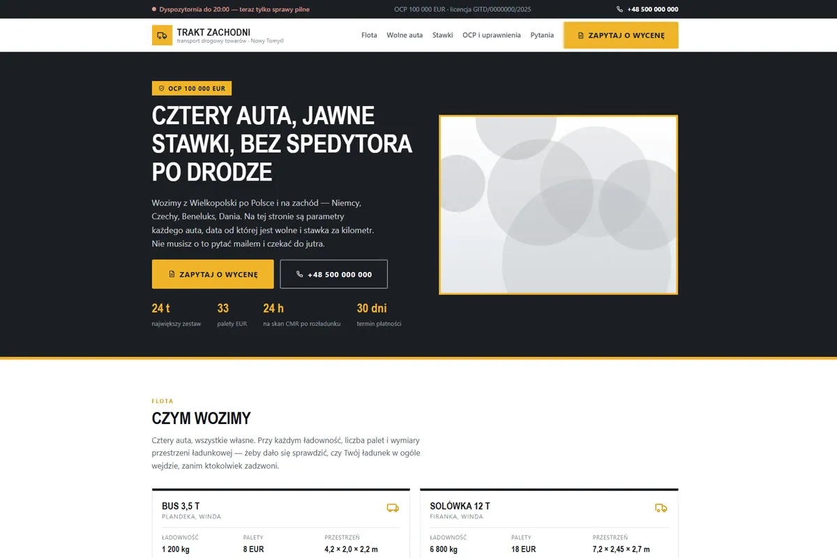 Strona firmy transportowej z tabelą stawek