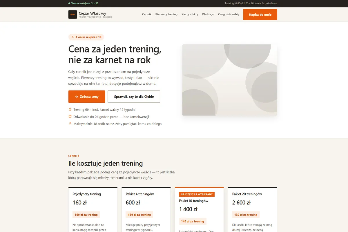 Strona trenera personalnego z ceną w przeliczeniu na trening