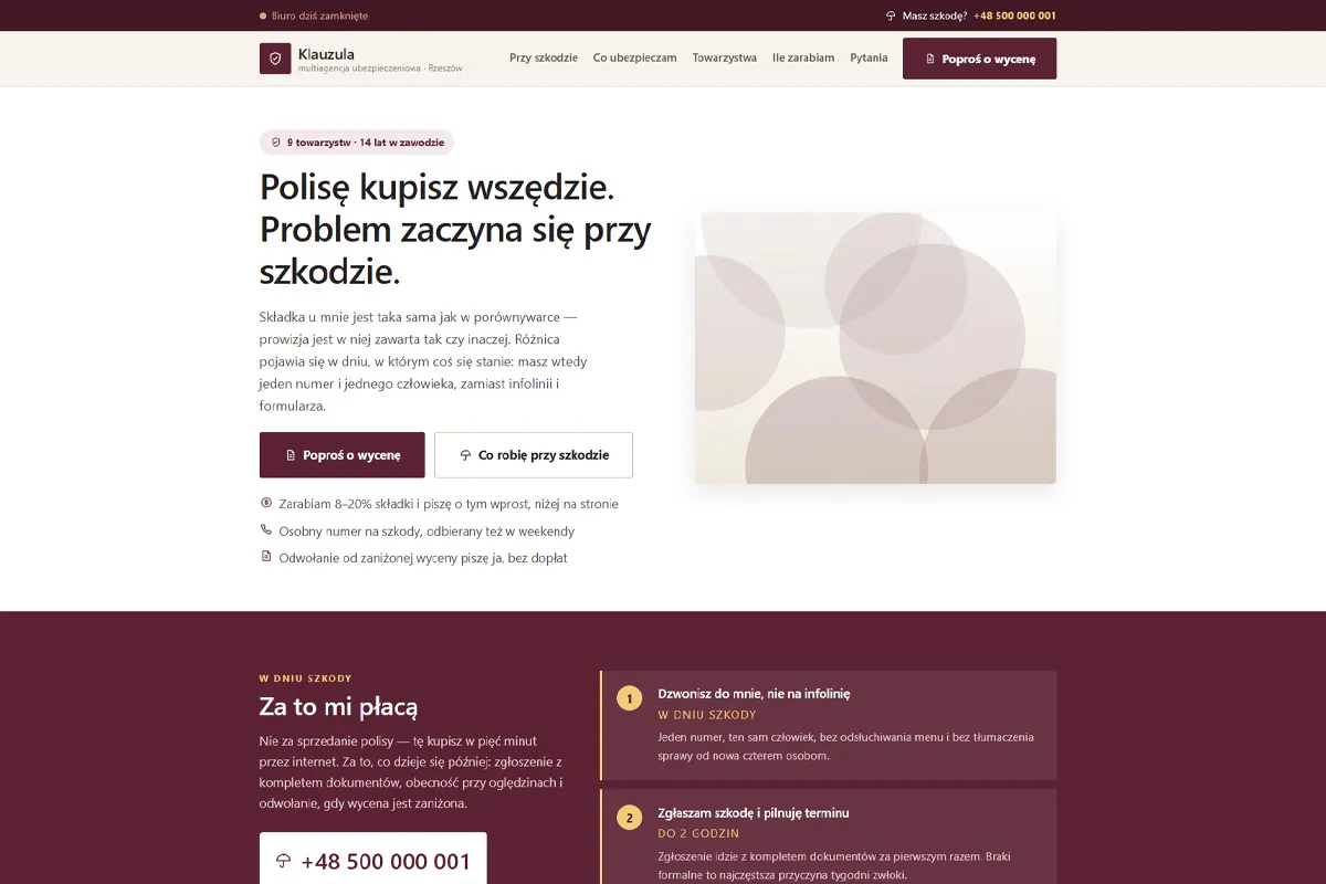 Strona agenta ubezpieczeniowego z instrukcją zgłoszenia szkody