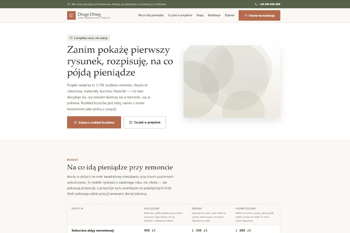 Strona projektanta wnętrz z rozkładem budżetu remontu