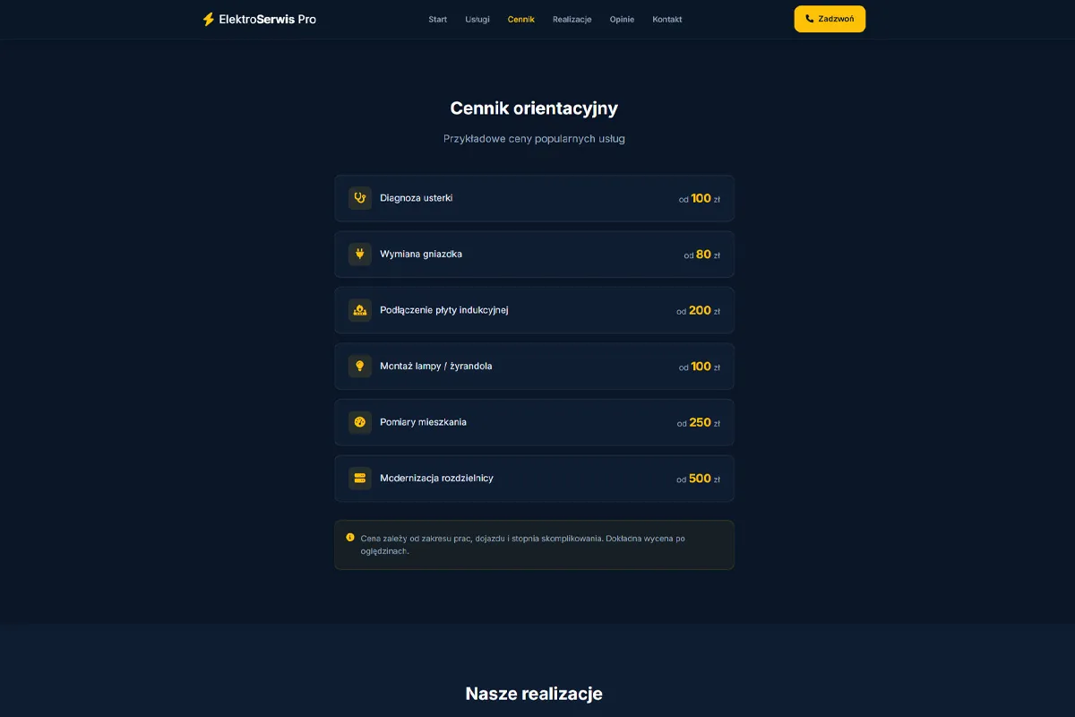 ElektroSerwis Pro - Cennik orientacyjny