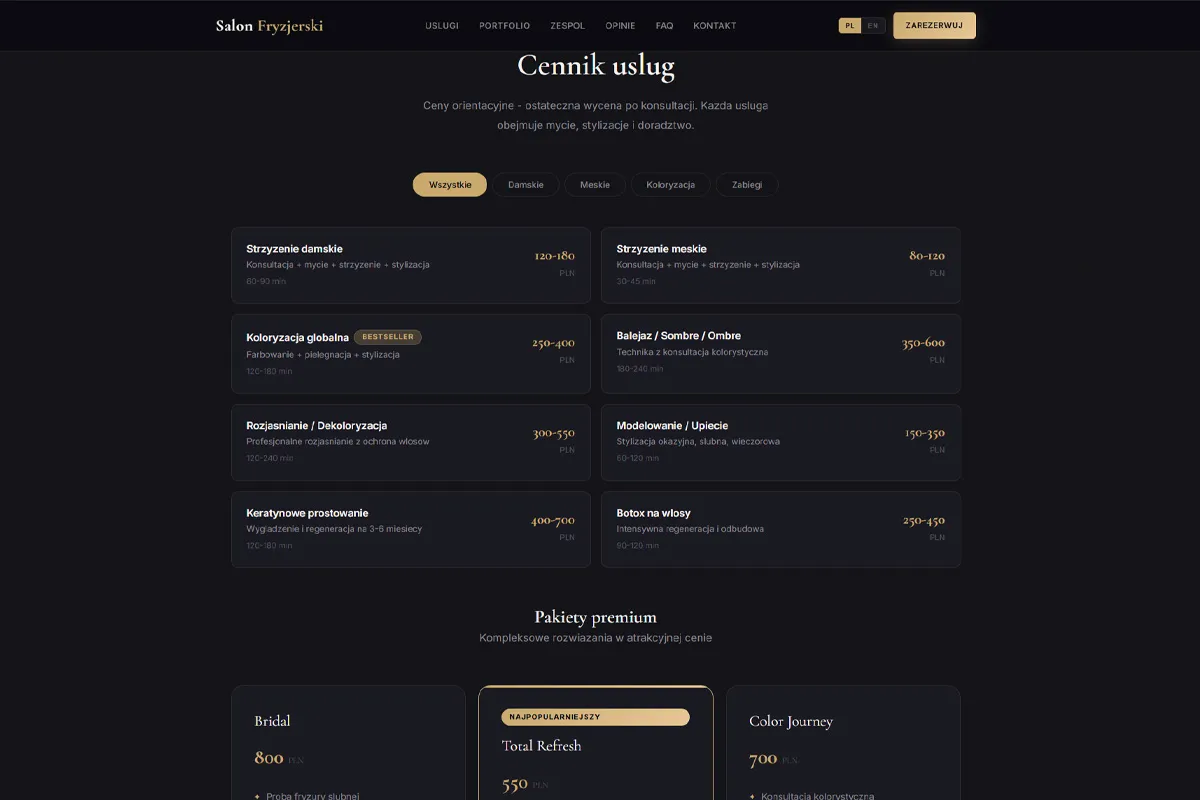 Salon Premium - Cennik