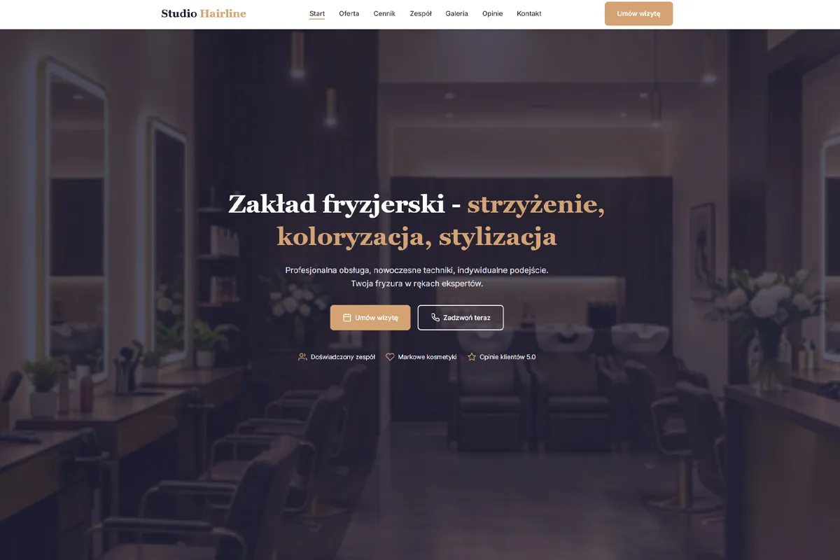 Strona dla salonu fryzjerskiego Studio Hairline