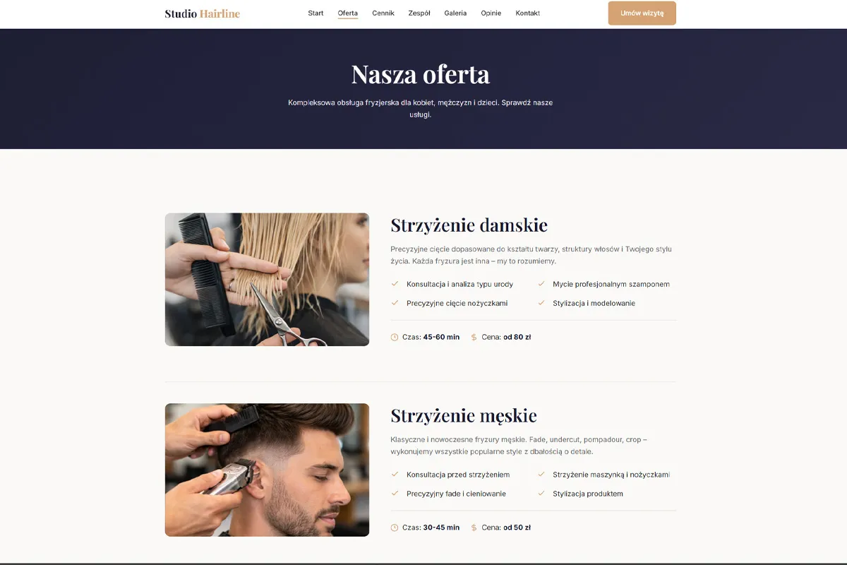 Strona dla salonu fryzjerskiego Studio Hairline - screenshot 5