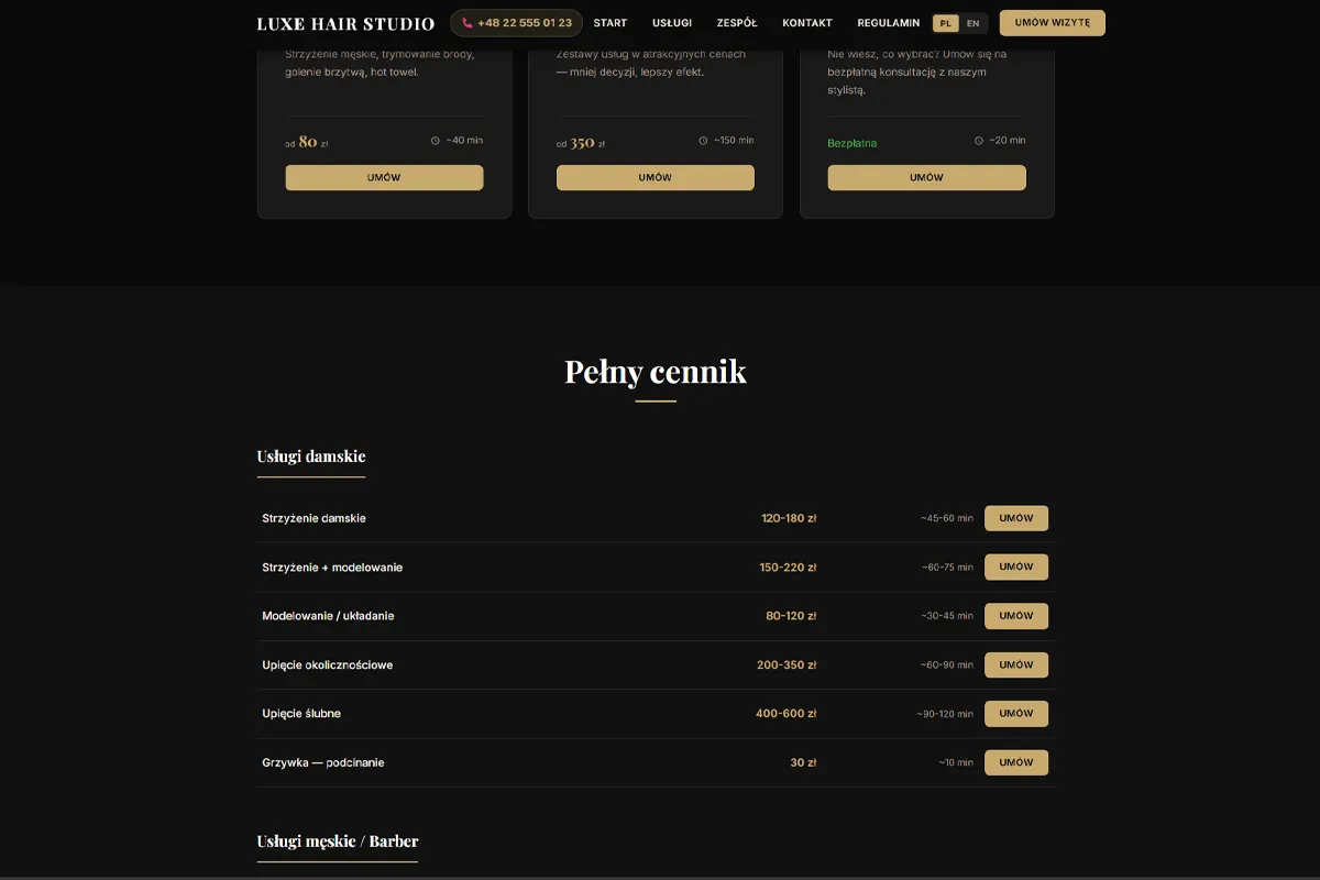 LUXE HAIR STUDIO - Cennik